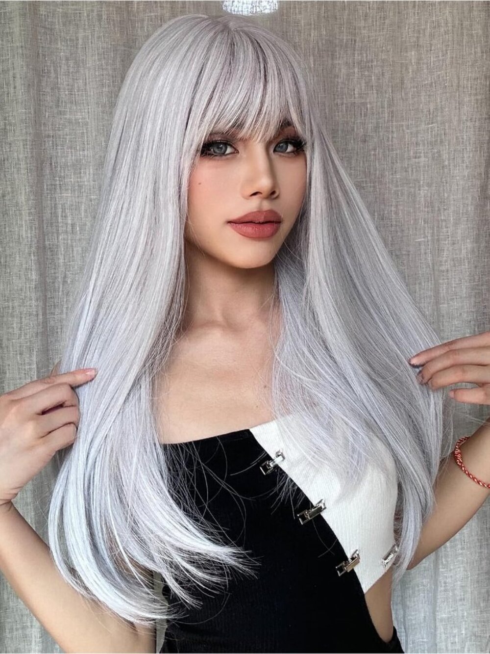 Women's White 22 Inch Heat Resistant Synthetic Long Straight Wigs Bangs